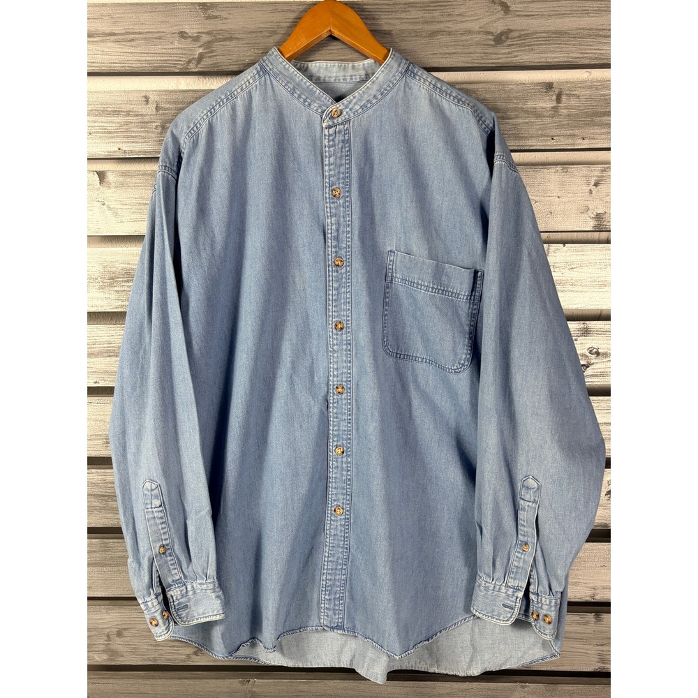 Eddie Bauer Vintage Denim Shirt Mens XL Blue Band Collar Grandfather Cotton LS